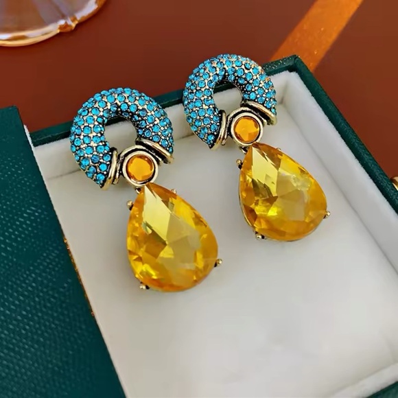 Bold Crystal Drop Earrings – Yellow Teardrop & Turquoise Studs - Picture 3 of 9